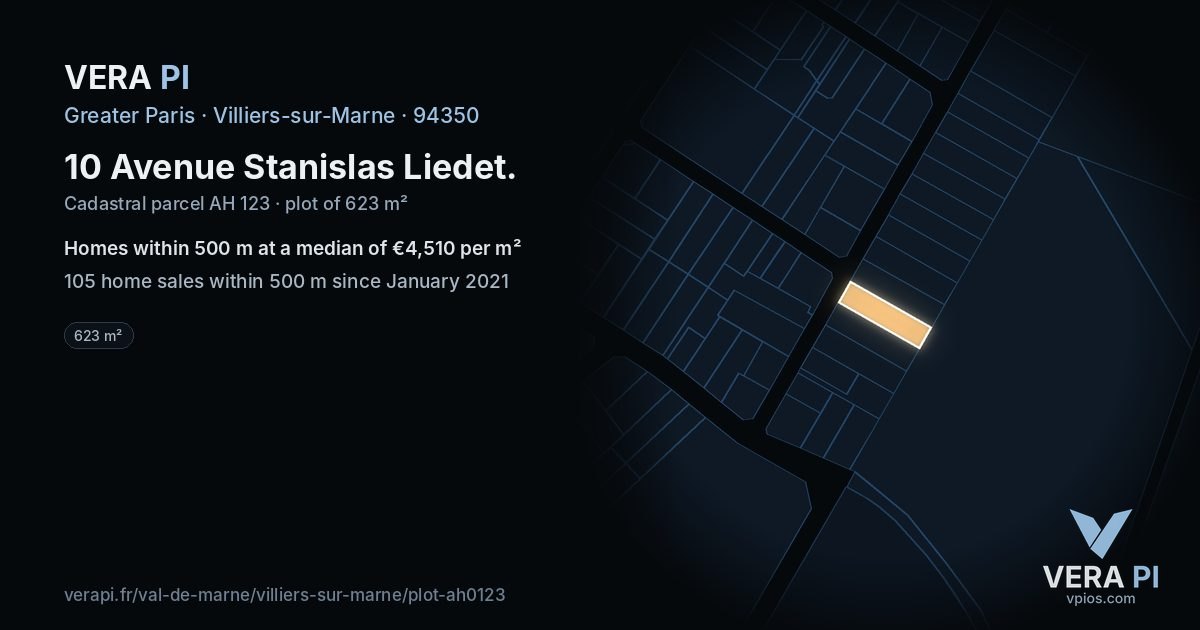 10 Avenue Stanislas Liedet, Villiers-sur-Marne at night – the plot lit, the parcels around coloured by the prices near them