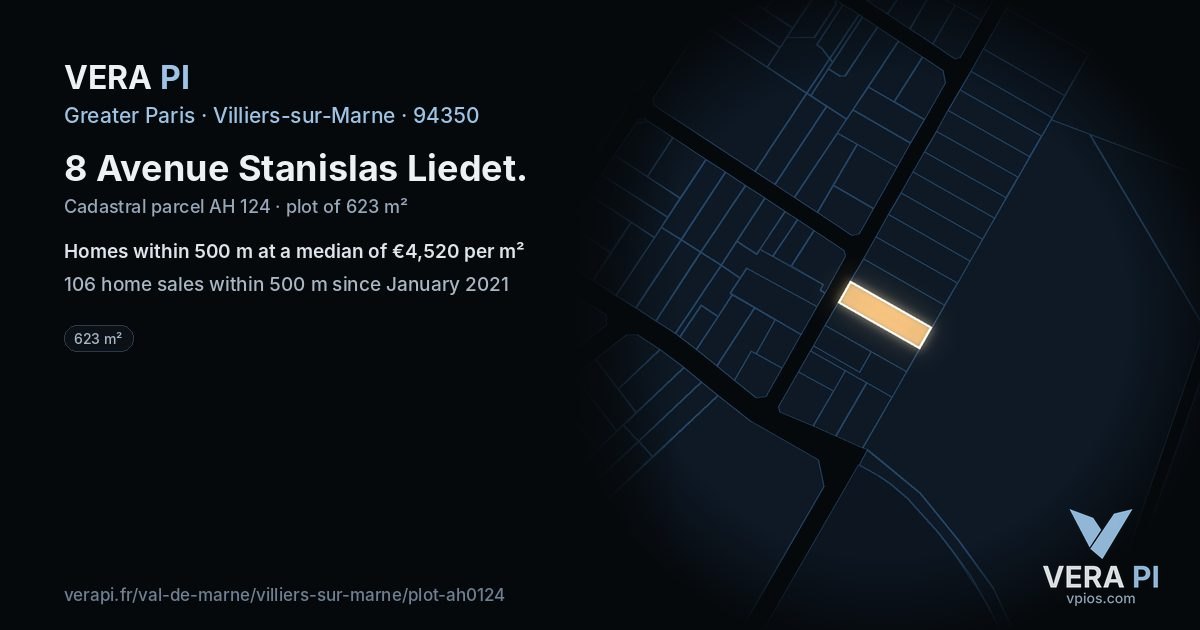 8 Avenue Stanislas Liedet, Villiers-sur-Marne at night – the plot lit, the parcels around coloured by the prices near them