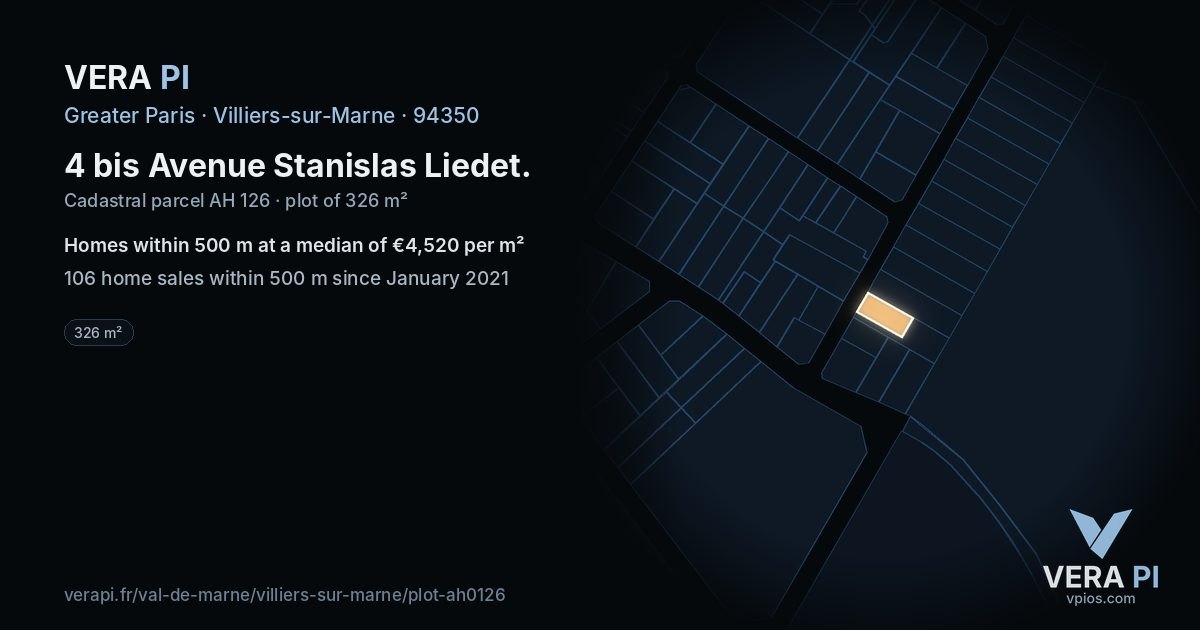 4 bis Avenue Stanislas Liedet, Villiers-sur-Marne at night – the plot lit, the parcels around coloured by the prices near them