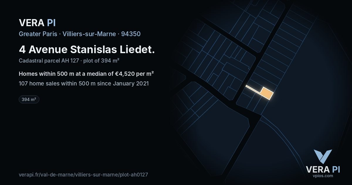 4 Avenue Stanislas Liedet, Villiers-sur-Marne at night – the plot lit, the parcels around coloured by the prices near them