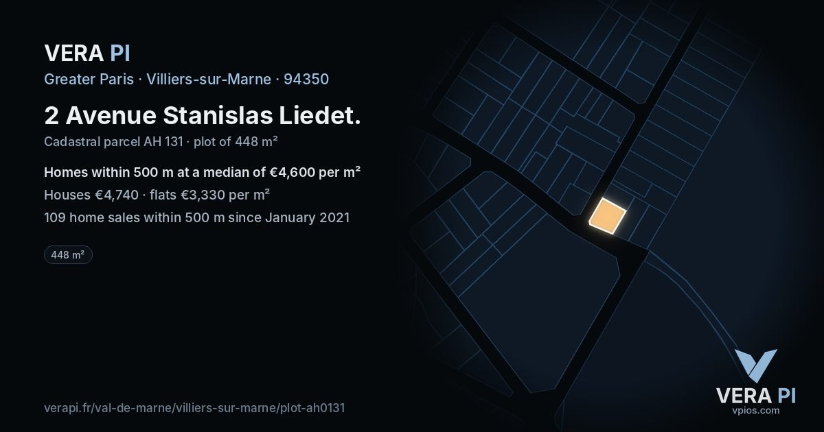 2 Avenue Stanislas Liedet, Villiers-sur-Marne at night – the plot lit, the parcels around coloured by the prices near them