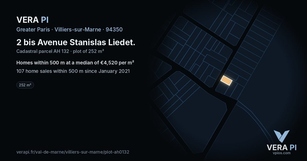 2 bis Avenue Stanislas Liedet, Villiers-sur-Marne at night – the plot lit, the parcels around coloured by the prices near them