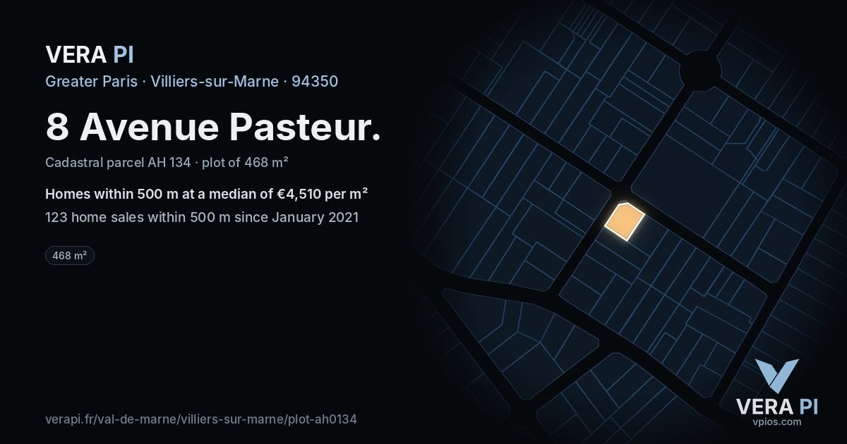 8 Avenue Pasteur, Villiers-sur-Marne at night – the plot lit, the parcels around coloured by the prices near them