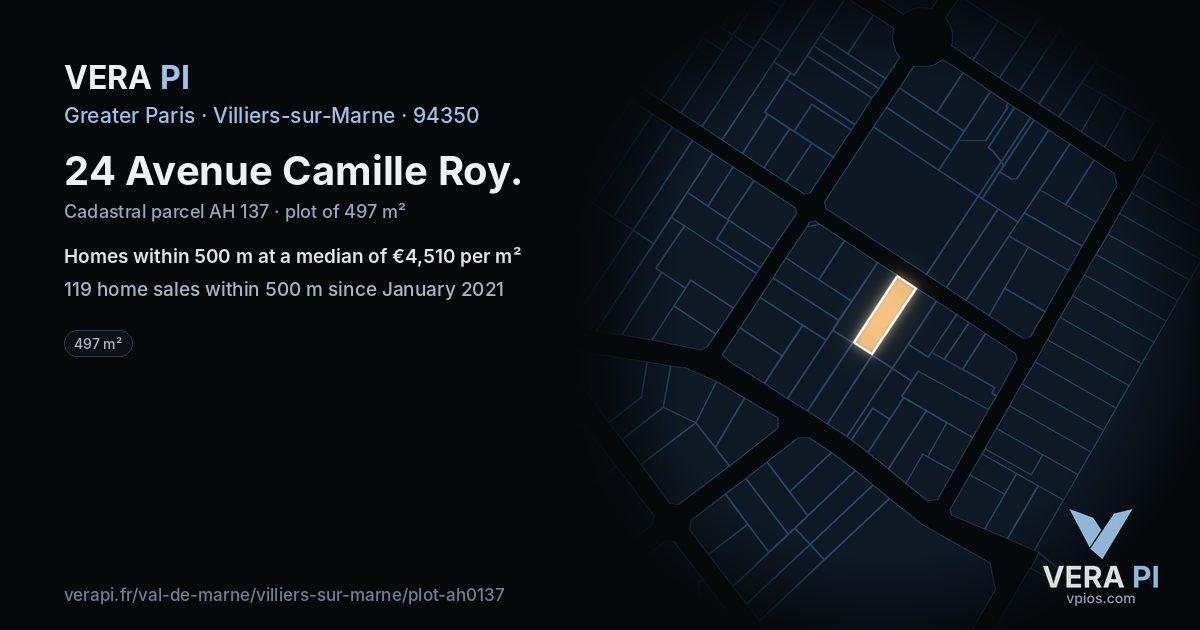 24 Avenue Camille Roy, Villiers-sur-Marne at night – the plot lit, the parcels around coloured by the prices near them