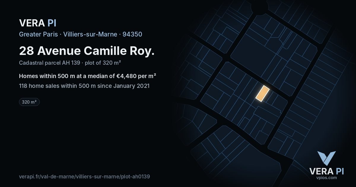 28 Avenue Camille Roy, Villiers-sur-Marne at night – the plot lit, the parcels around coloured by the prices near them