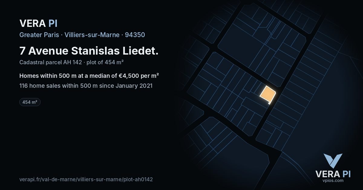 7 Avenue Stanislas Liedet, Villiers-sur-Marne at night – the plot lit, the parcels around coloured by the prices near them