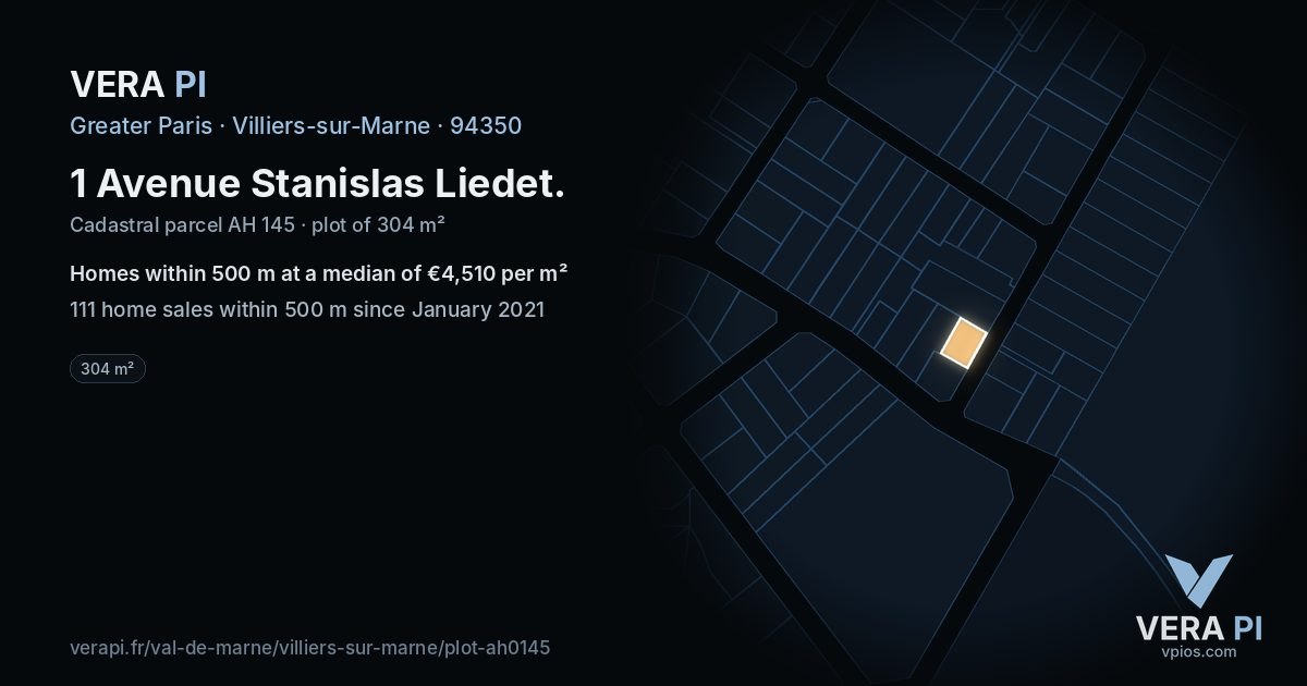 1 Avenue Stanislas Liedet, Villiers-sur-Marne at night – the plot lit, the parcels around coloured by the prices near them