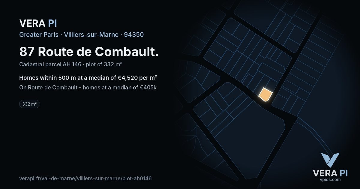 87 Route de Combault, Villiers-sur-Marne at night – the plot lit, the parcels around coloured by the prices near them