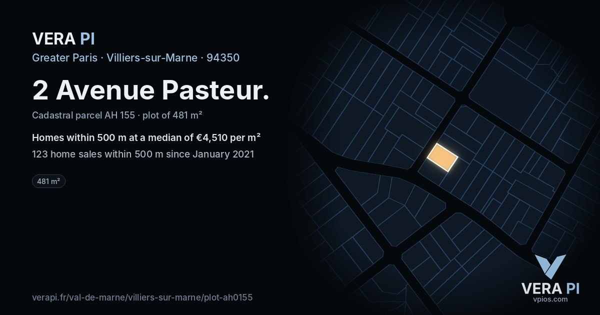 2 Avenue Pasteur, Villiers-sur-Marne at night – the plot lit, the parcels around coloured by the prices near them