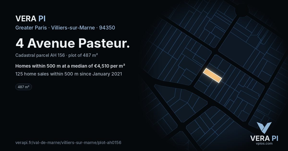 4 Avenue Pasteur, Villiers-sur-Marne at night – the plot lit, the parcels around coloured by the prices near them