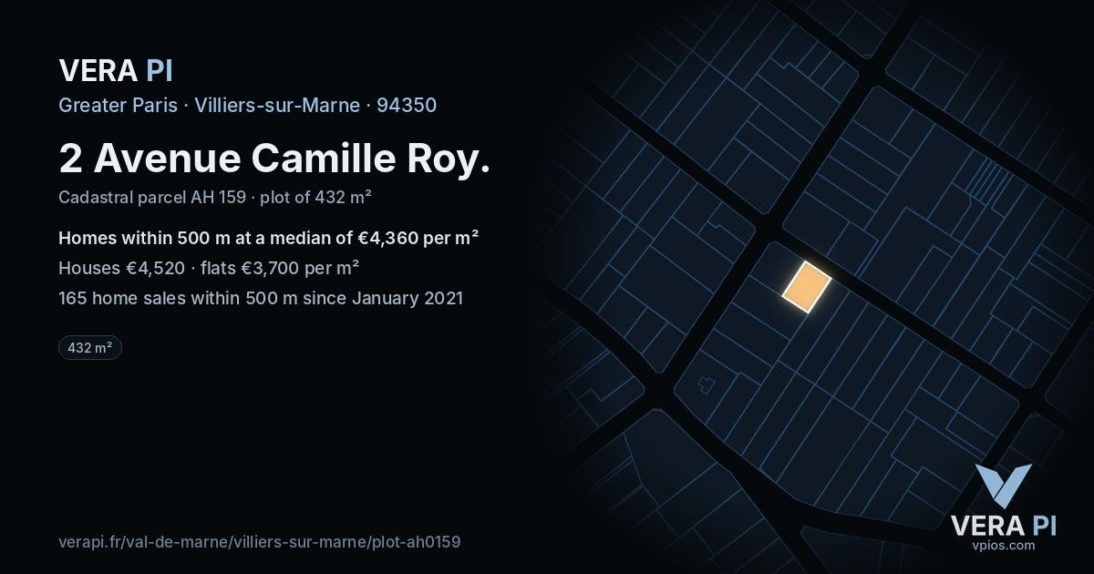 2 Avenue Camille Roy, Villiers-sur-Marne at night – the plot lit, the parcels around coloured by the prices near them