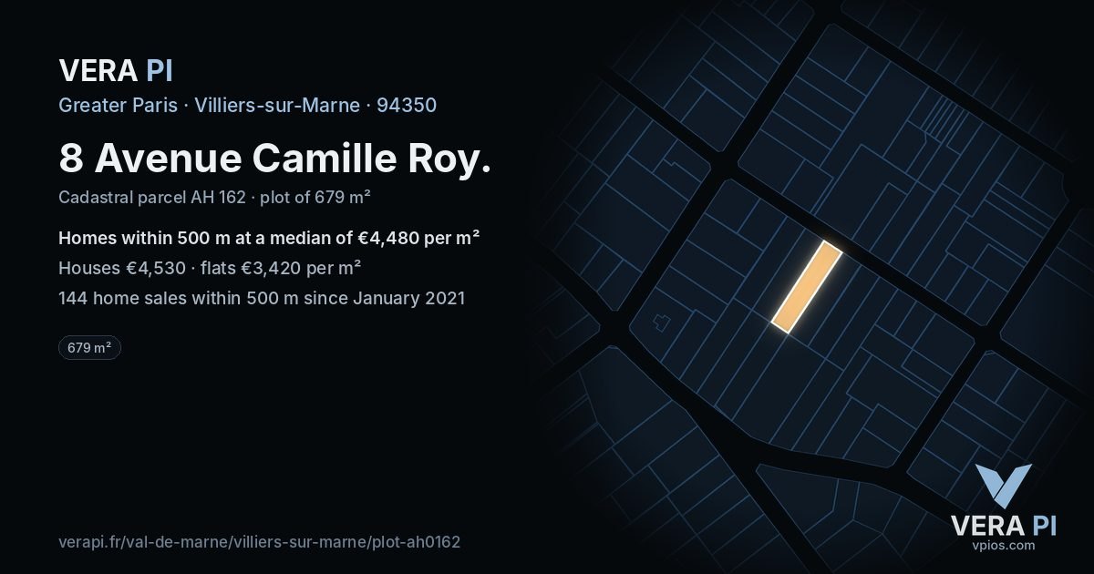 8 Avenue Camille Roy, Villiers-sur-Marne at night – the plot lit, the parcels around coloured by the prices near them