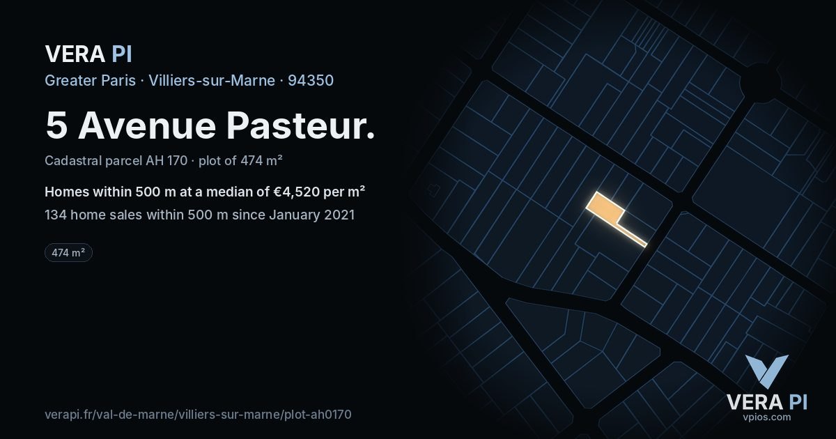 5 Avenue Pasteur, Villiers-sur-Marne at night – the plot lit, the parcels around coloured by the prices near them