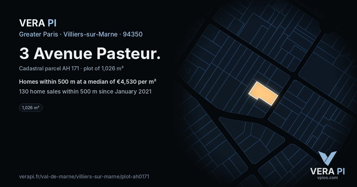3 Avenue Pasteur, Villiers-sur-Marne at night – the plot lit, the parcels around coloured by the prices near them