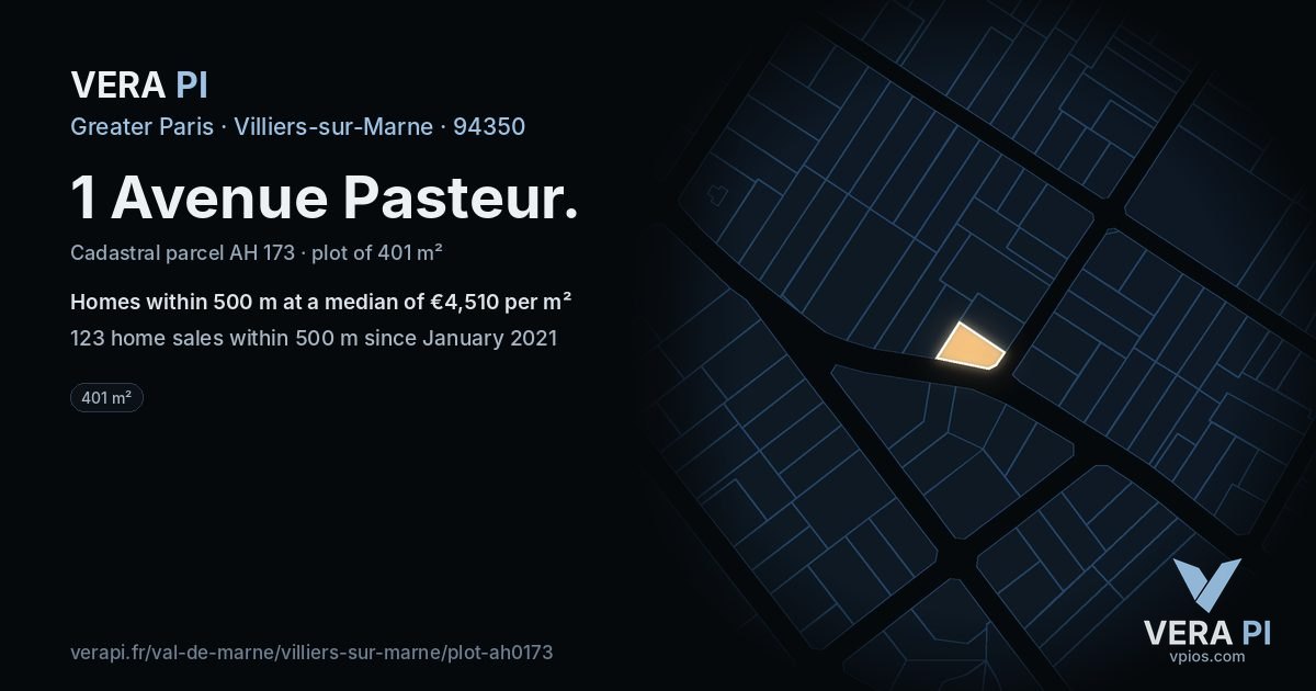 1 Avenue Pasteur, Villiers-sur-Marne at night – the plot lit, the parcels around coloured by the prices near them