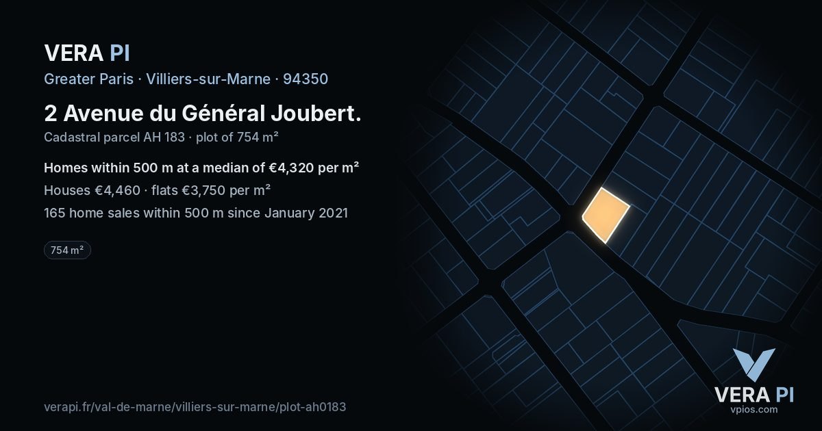2 Avenue du Général Joubert, Villiers-sur-Marne at night – the plot lit, the parcels around coloured by the prices near them
