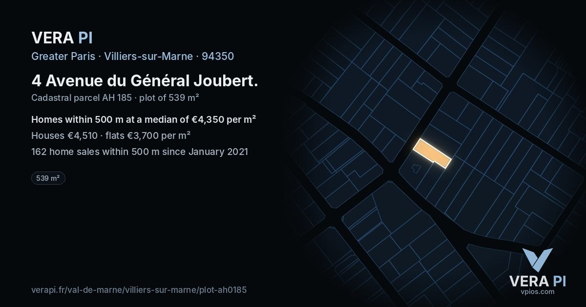 4 Avenue du Général Joubert, Villiers-sur-Marne at night – the plot lit, the parcels around coloured by the prices near them