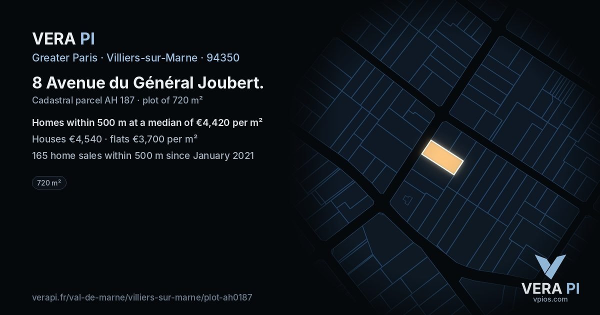 8 Avenue du Général Joubert, Villiers-sur-Marne at night – the plot lit, the parcels around coloured by the prices near them