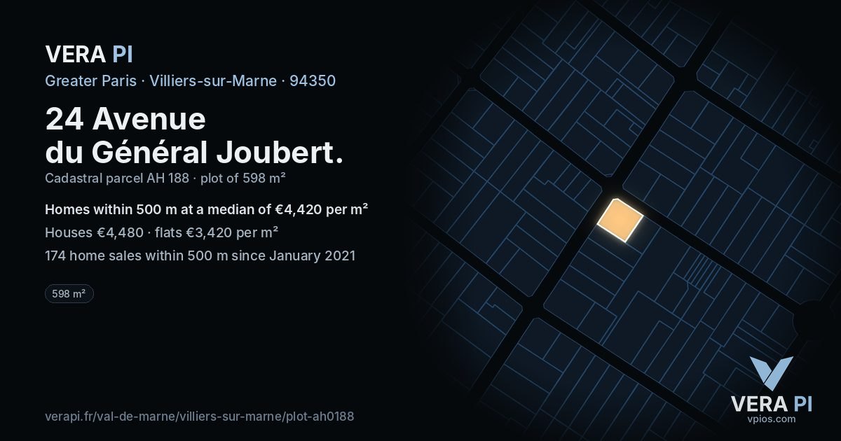 24 Avenue du Général Joubert, Villiers-sur-Marne at night – the plot lit, the parcels around coloured by the prices near them