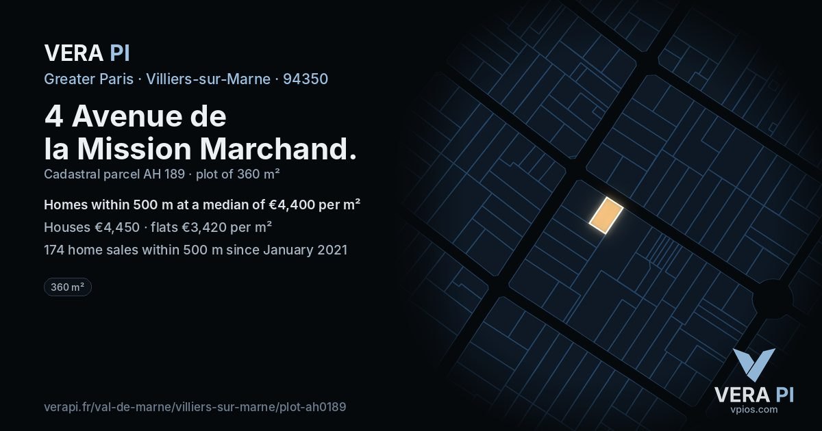 4 Avenue de la Mission Marchand, Villiers-sur-Marne at night – the plot lit, the parcels around coloured by the prices near them