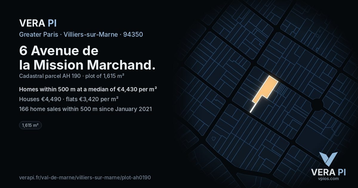 6 Avenue de la Mission Marchand, Villiers-sur-Marne at night – the plot lit, the parcels around coloured by the prices near them