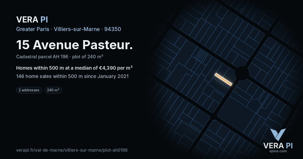 15 Avenue Pasteur, Villiers-sur-Marne at night – the plot lit, the parcels around coloured by the prices near them