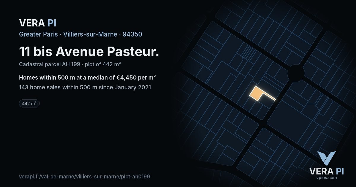11 bis Avenue Pasteur, Villiers-sur-Marne at night – the plot lit, the parcels around coloured by the prices near them