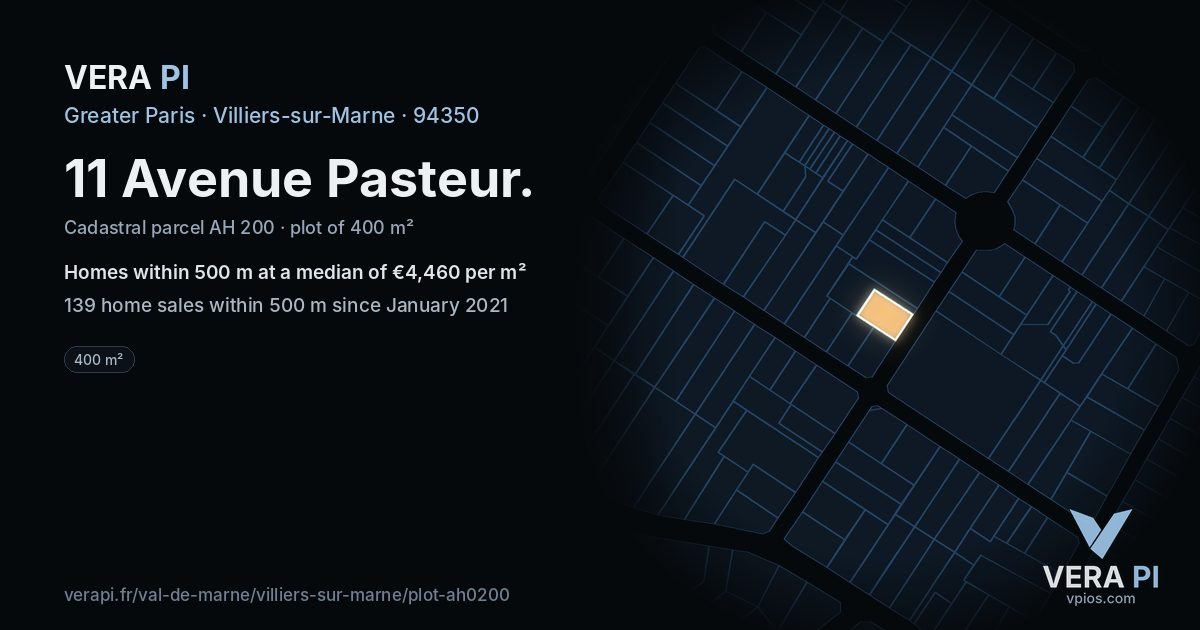 11 Avenue Pasteur, Villiers-sur-Marne at night – the plot lit, the parcels around coloured by the prices near them