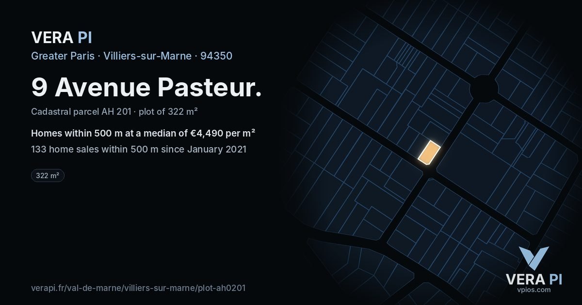 9 Avenue Pasteur, Villiers-sur-Marne at night – the plot lit, the parcels around coloured by the prices near them