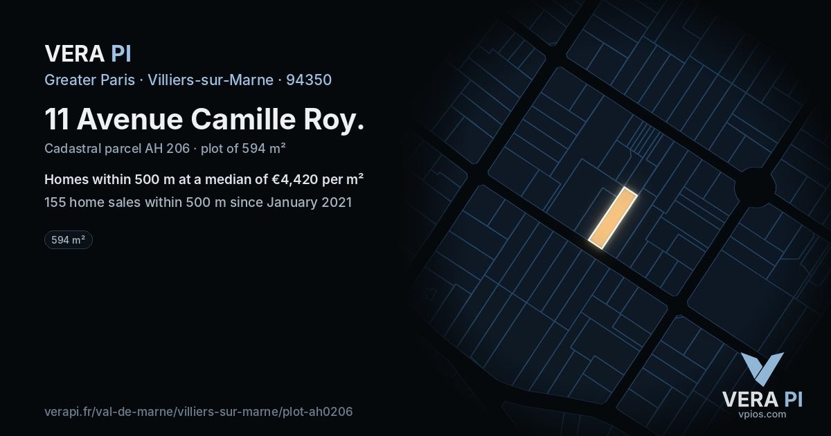 11 Avenue Camille Roy, Villiers-sur-Marne at night – the plot lit, the parcels around coloured by the prices near them