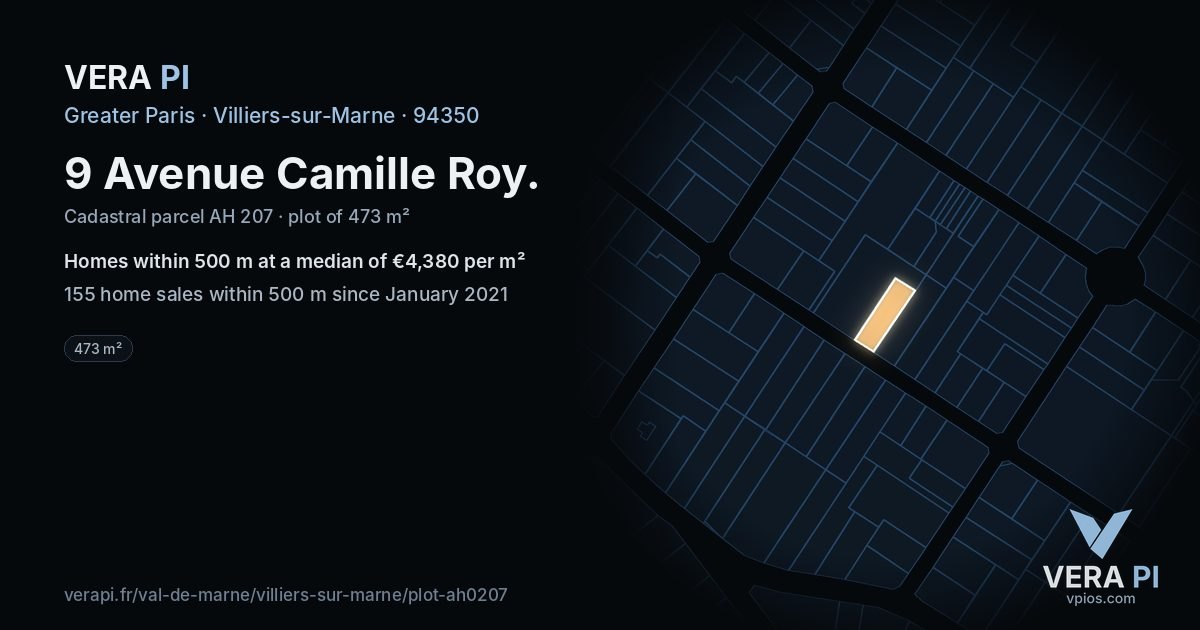 9 Avenue Camille Roy, Villiers-sur-Marne at night – the plot lit, the parcels around coloured by the prices near them