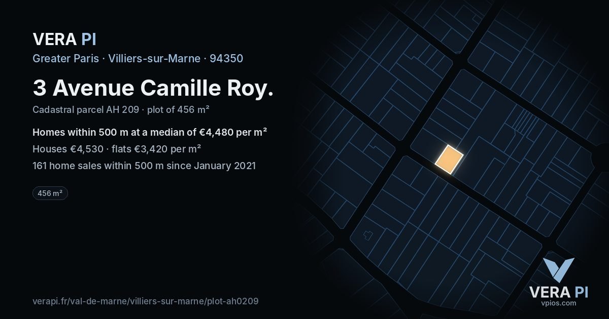 3 Avenue Camille Roy, Villiers-sur-Marne at night – the plot lit, the parcels around coloured by the prices near them