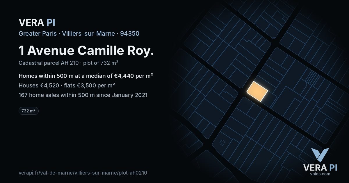1 Avenue Camille Roy, Villiers-sur-Marne at night – the plot lit, the parcels around coloured by the prices near them