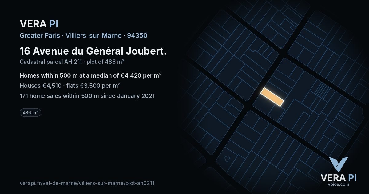 16 Avenue du Général Joubert, Villiers-sur-Marne at night – the plot lit, the parcels around coloured by the prices near them