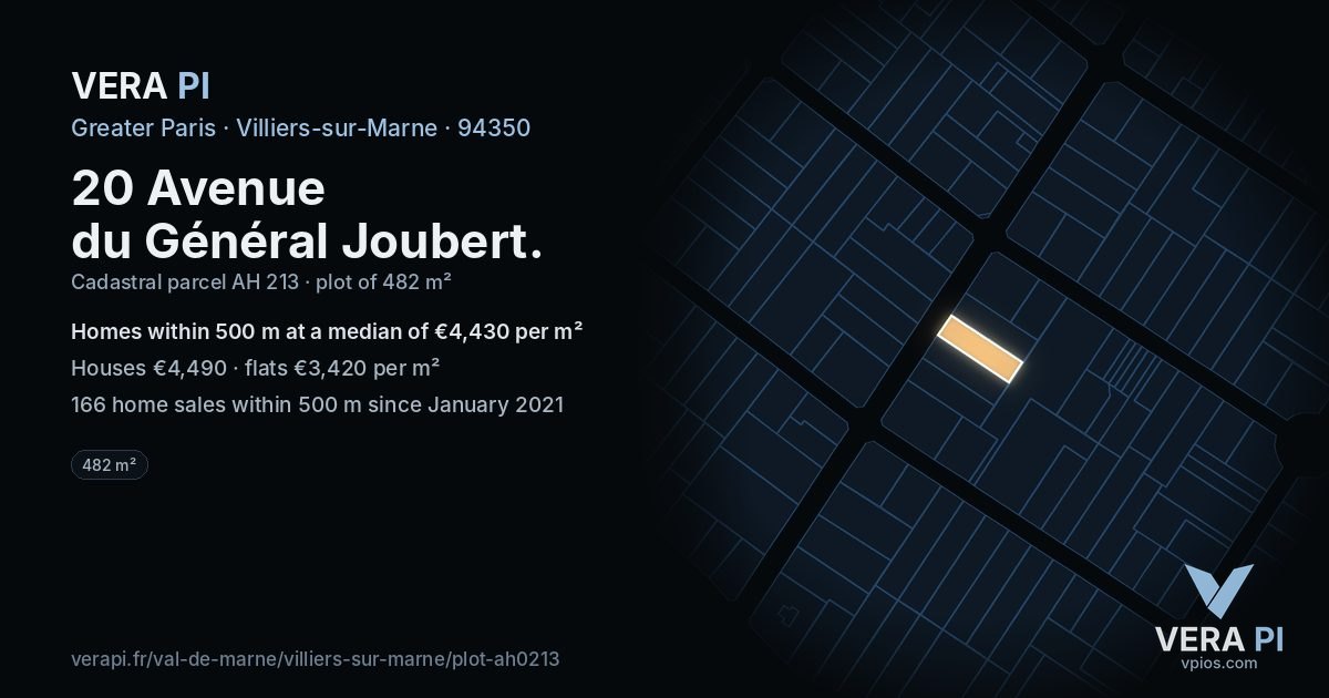 20 Avenue du Général Joubert, Villiers-sur-Marne at night – the plot lit, the parcels around coloured by the prices near them