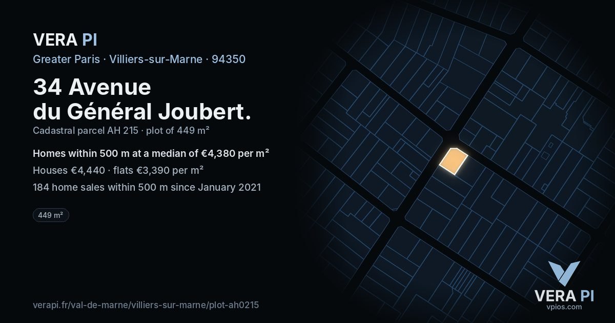 34 Avenue du Général Joubert, Villiers-sur-Marne at night – the plot lit, the parcels around coloured by the prices near them