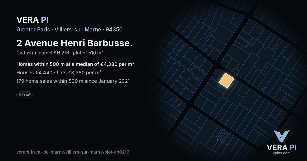 2 Avenue Henri Barbusse, Villiers-sur-Marne at night – the plot lit, the parcels around coloured by the prices near them