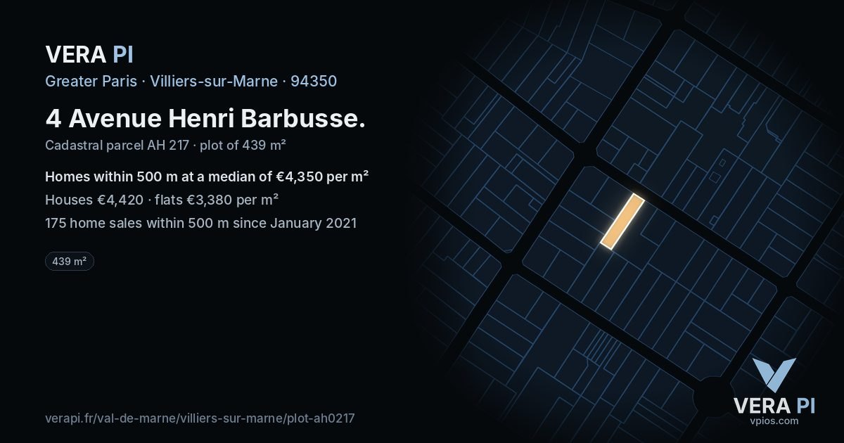 4 Avenue Henri Barbusse, Villiers-sur-Marne at night – the plot lit, the parcels around coloured by the prices near them