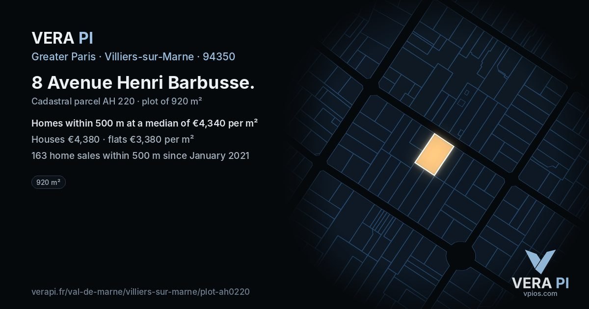 8 Avenue Henri Barbusse, Villiers-sur-Marne at night – the plot lit, the parcels around coloured by the prices near them