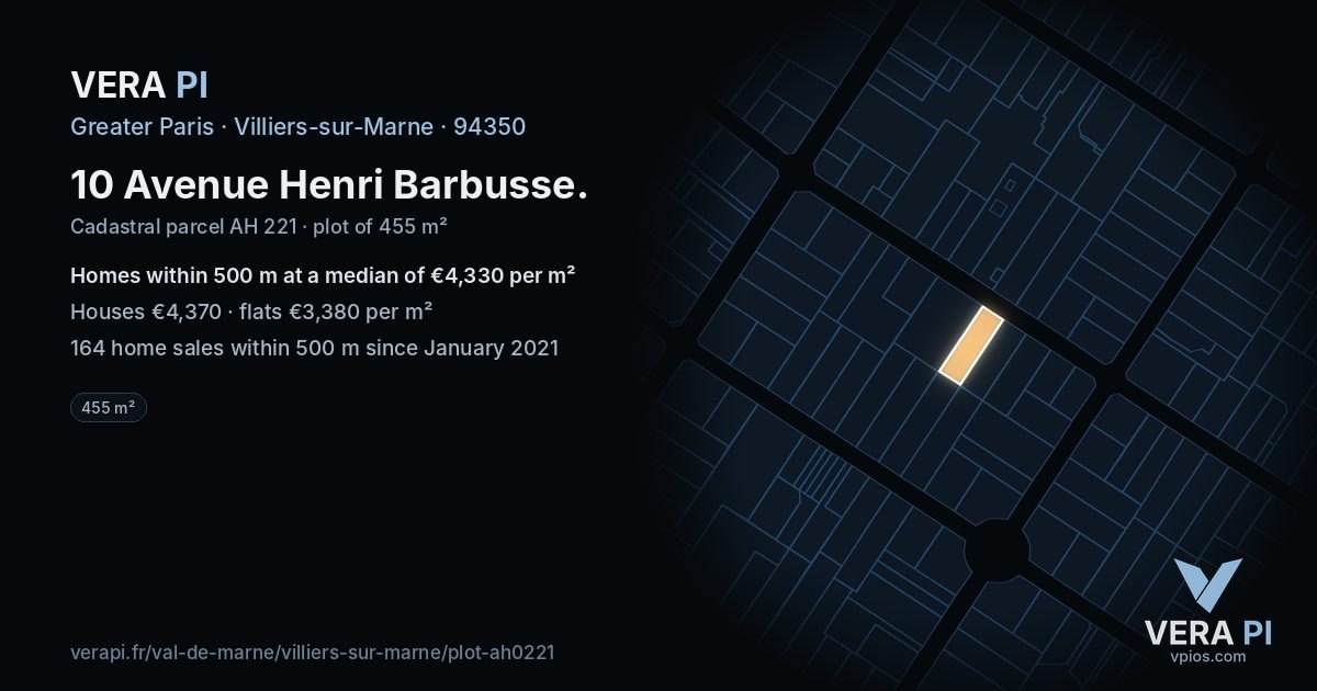 10 Avenue Henri Barbusse, Villiers-sur-Marne at night – the plot lit, the parcels around coloured by the prices near them