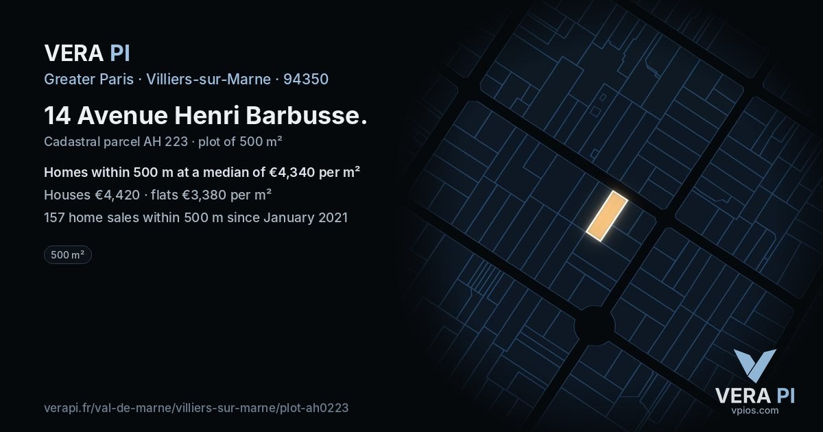 14 Avenue Henri Barbusse, Villiers-sur-Marne at night – the plot lit, the parcels around coloured by the prices near them