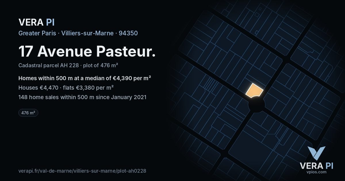 17 Avenue Pasteur, Villiers-sur-Marne at night – the plot lit, the parcels around coloured by the prices near them