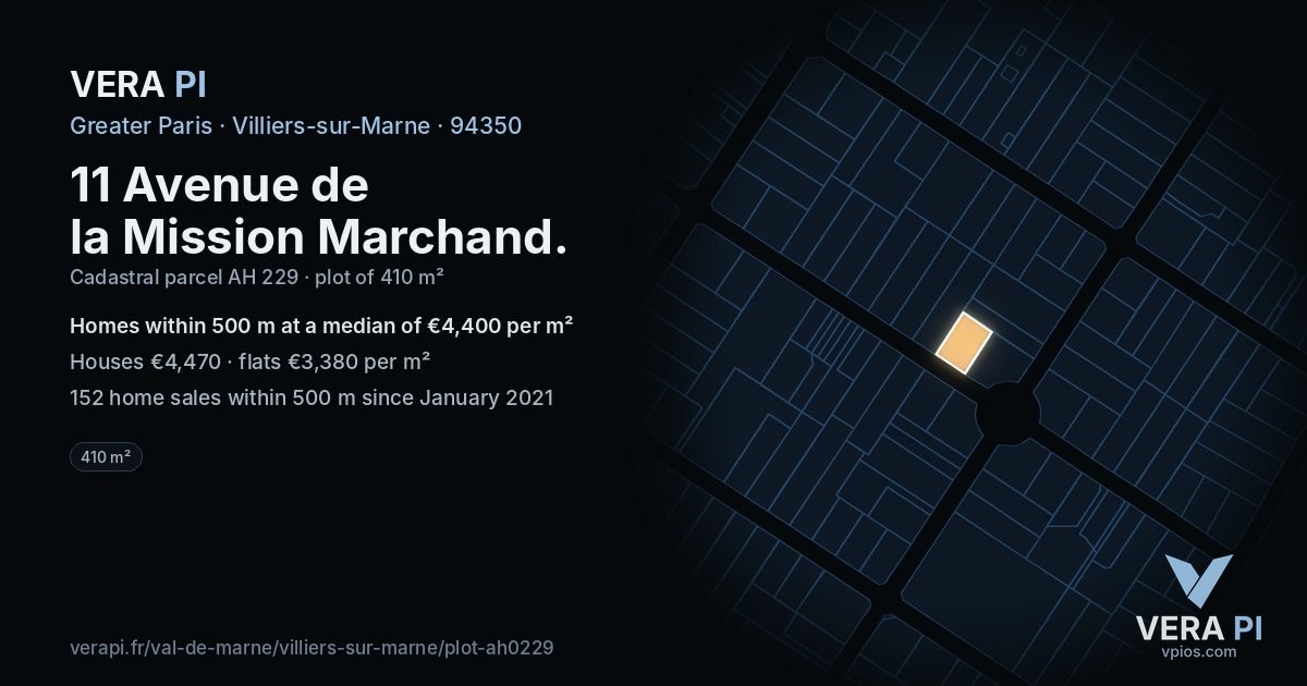 11 Avenue de la Mission Marchand, Villiers-sur-Marne at night – the plot lit, the parcels around coloured by the prices near them