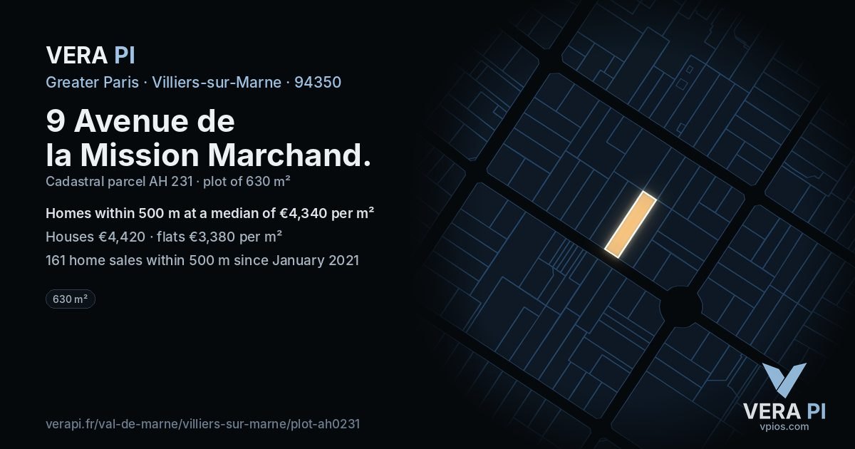 9 Avenue de la Mission Marchand, Villiers-sur-Marne at night – the plot lit, the parcels around coloured by the prices near them