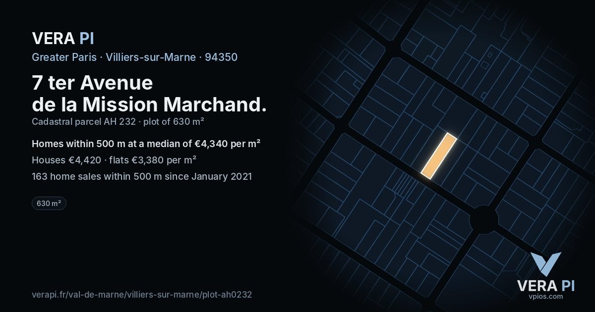 7 ter Avenue de la Mission Marchand, Villiers-sur-Marne at night – the plot lit, the parcels around coloured by the prices near them