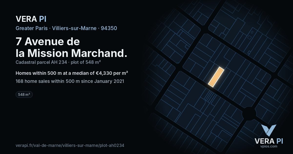 7 Avenue de la Mission Marchand, Villiers-sur-Marne at night – the plot lit, the parcels around coloured by the prices near them