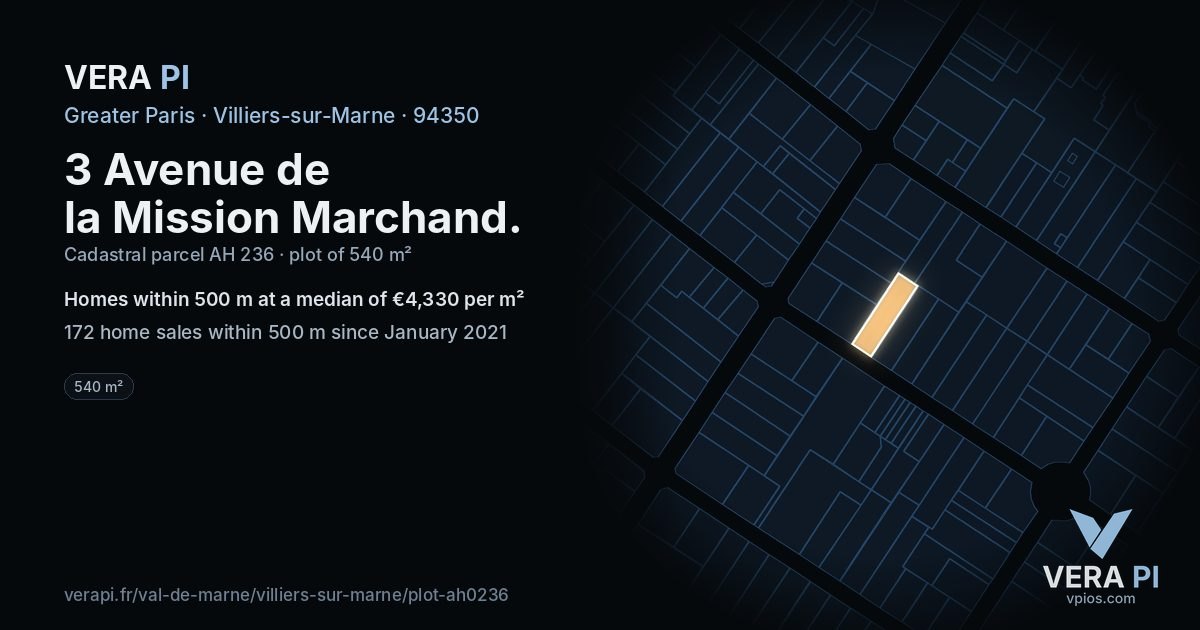 3 Avenue de la Mission Marchand, Villiers-sur-Marne at night – the plot lit, the parcels around coloured by the prices near them