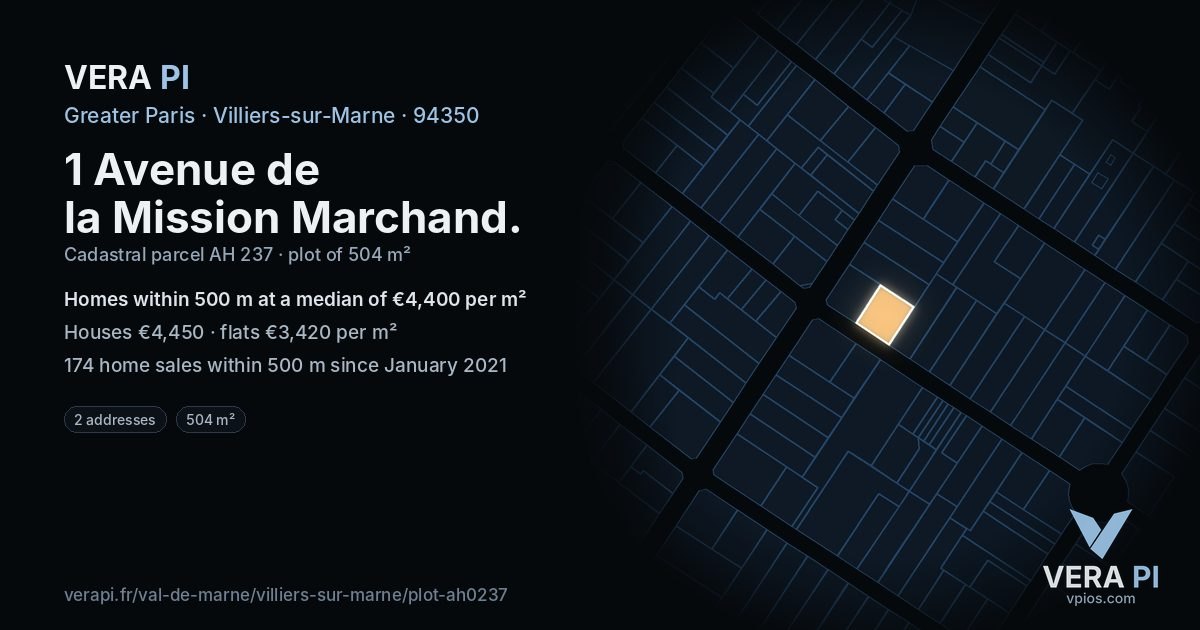 1 Avenue de la Mission Marchand, Villiers-sur-Marne at night – the plot lit, the parcels around coloured by the prices near them