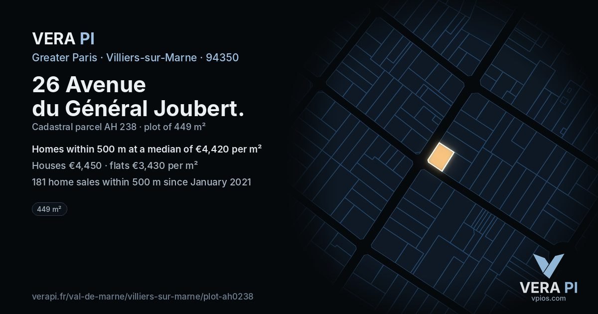 26 Avenue du Général Joubert, Villiers-sur-Marne at night – the plot lit, the parcels around coloured by the prices near them