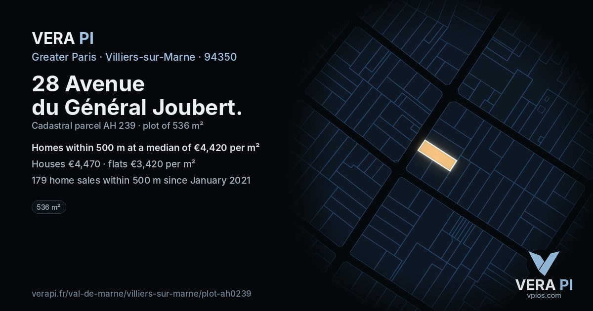 28 Avenue du Général Joubert, Villiers-sur-Marne at night – the plot lit, the parcels around coloured by the prices near them